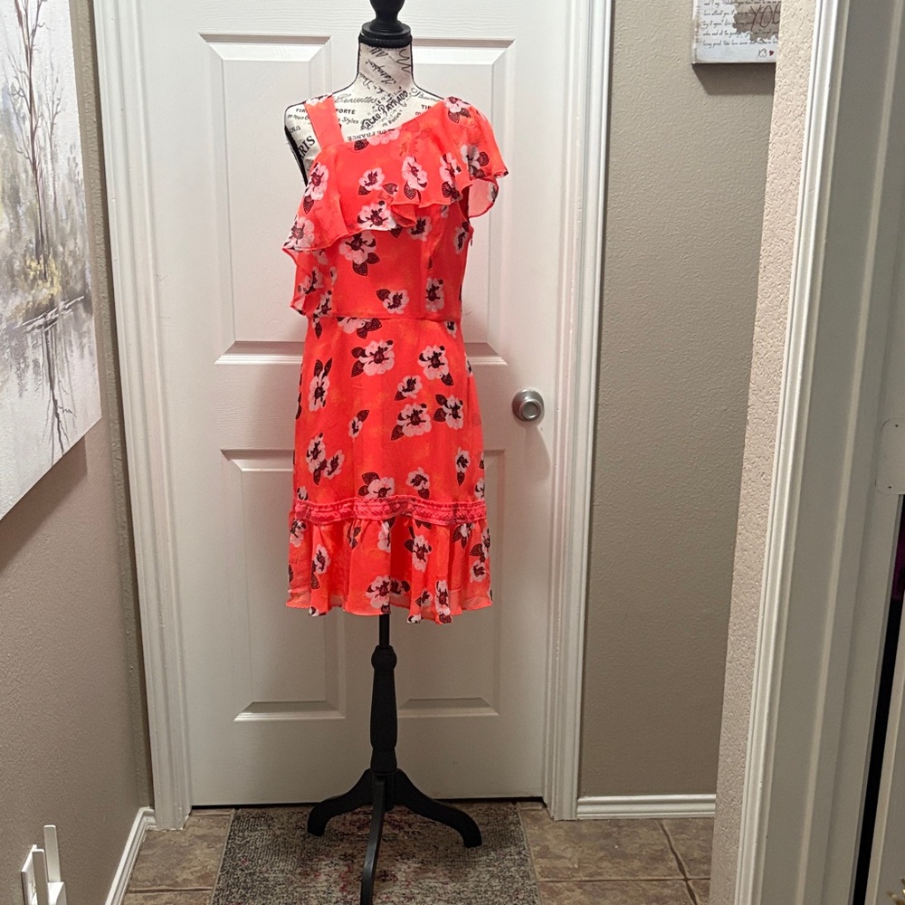 Express One-Shoulder Coral Floral Ruffle Dress
